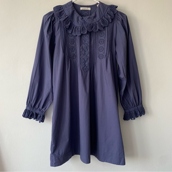 Doen Nerona Cotton Eyelet Ruffle Collar Long Sleeve Dress Atlantic Blue - Picture 6 of 12